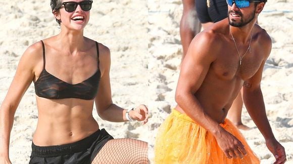 Rodrigo Simas e Agatha Moreira, a Luma de 'Mania De Você', agitam treino na praia com fantasia de Carnaval