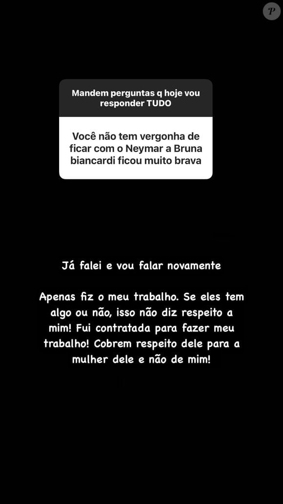 Any Awuada descartou qualquer arrependimento de ter transado com Neymar pelo fato de Bruna Biancardi estar grávida